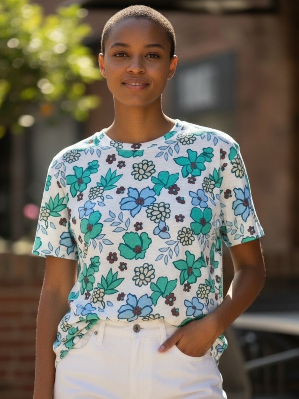 Banana Republic White Tee with Blue and Green Floral Print